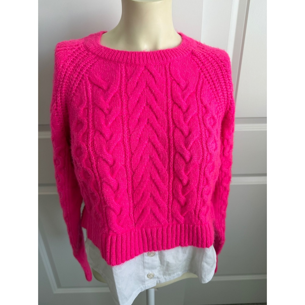 Maeve by Anthropologie Pink Cable Knit Layered Shirt Sweater Small Neon Preppy